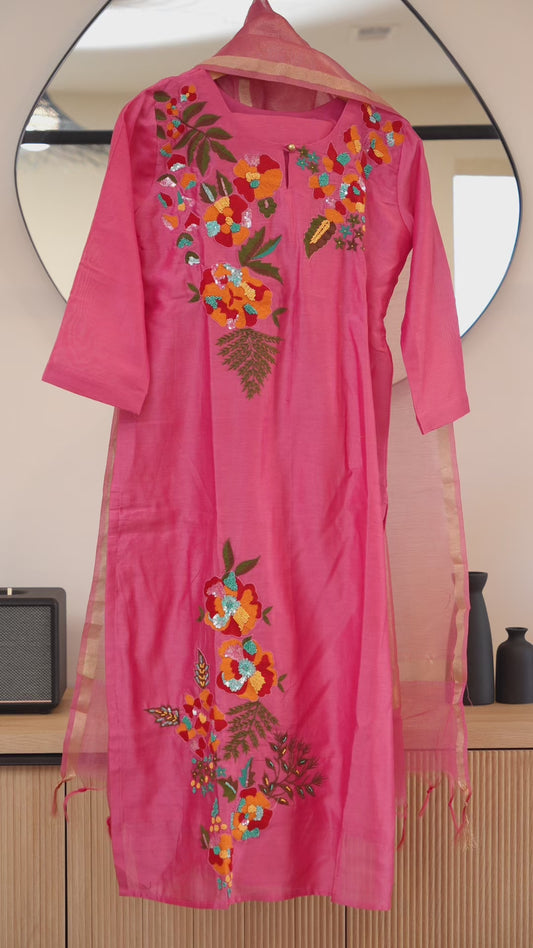 Pink Kurti with Multi-Color Embroidery