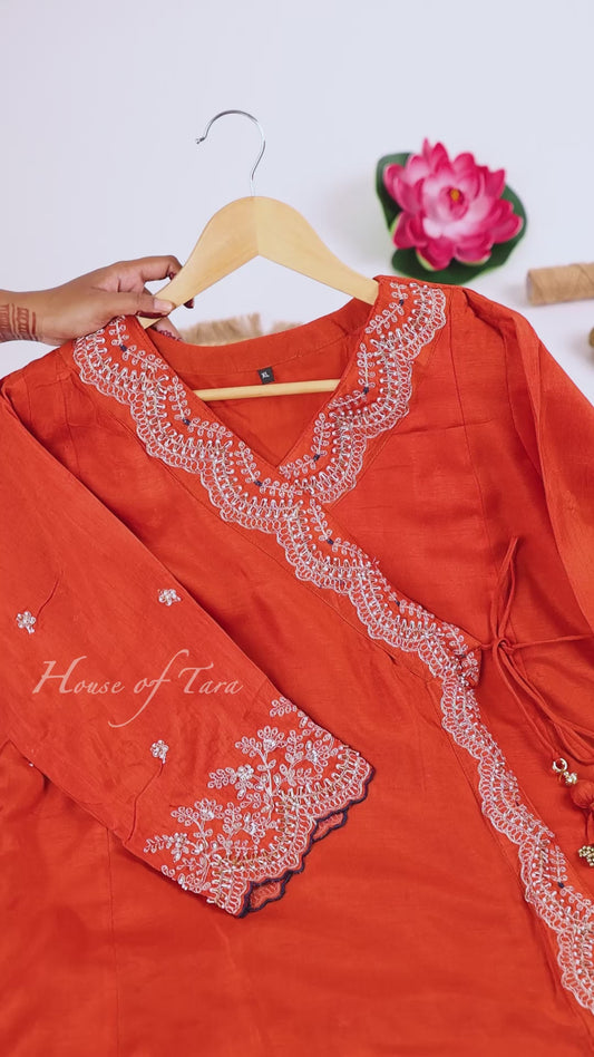Rust Red Intricate Zari Embroidered Kurti Set