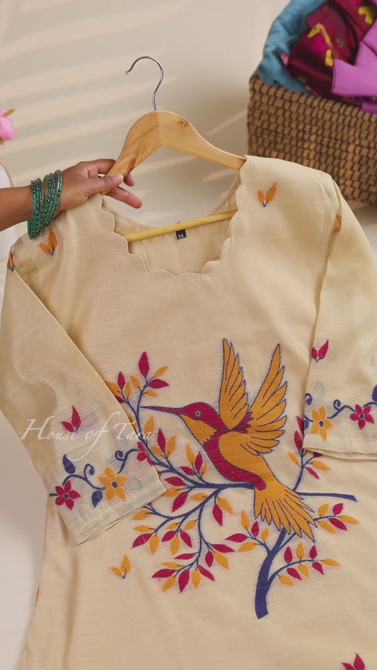 Jamdani Beige Bird Print Kurta Set