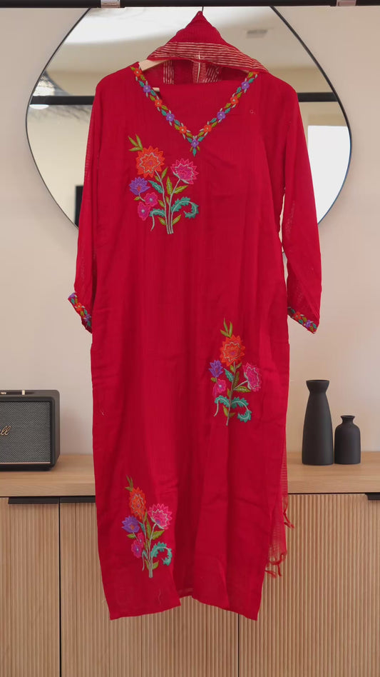 Red Machine-Embroidered Kurti