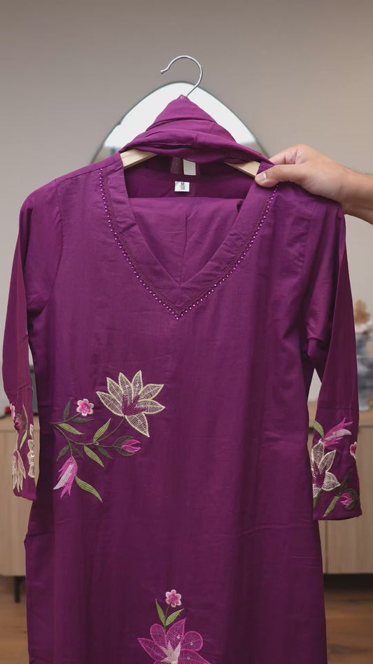Elegant Deep Wine Kurti Set with Machine Embroidery