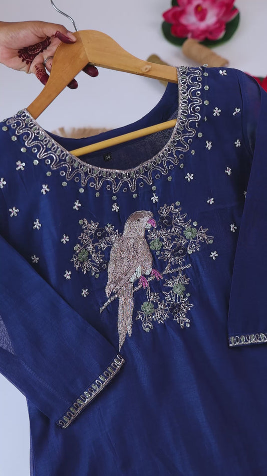 Navy Blue Artistic Embroidered Kurti Set