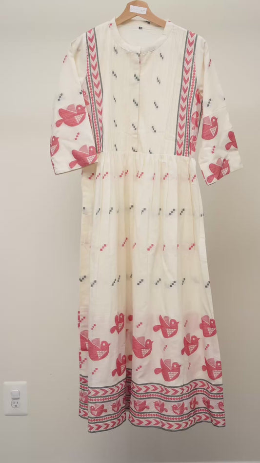 White Textured Cotton Frock with Minimal Print