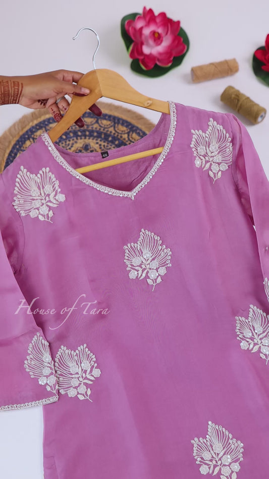Lavender Pearl Embroidered Kurti Set