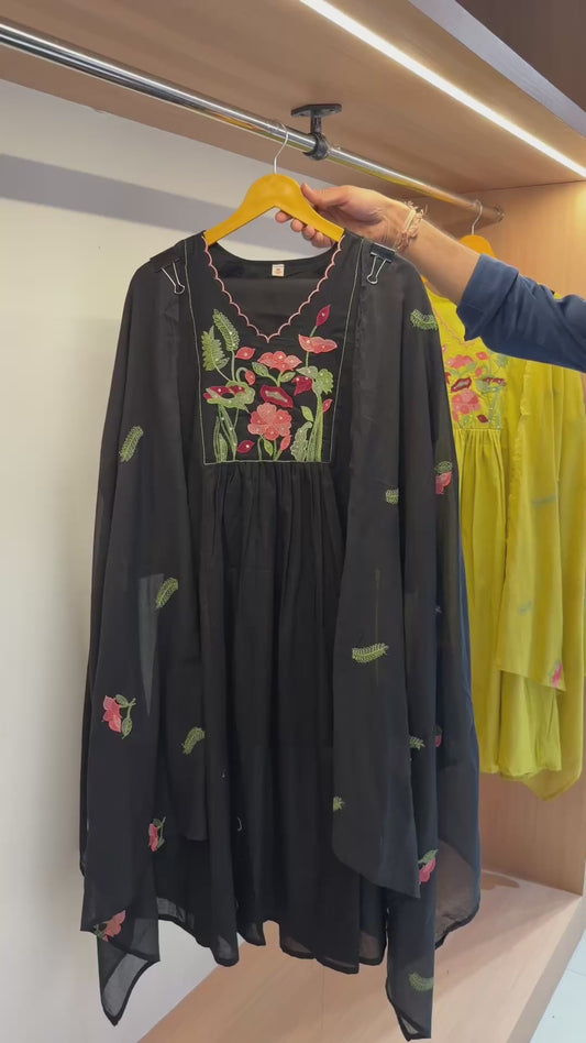 Midnight Garden Hand-Embroidered Flared Dress with Cape Dupatta (Black/Yellow)