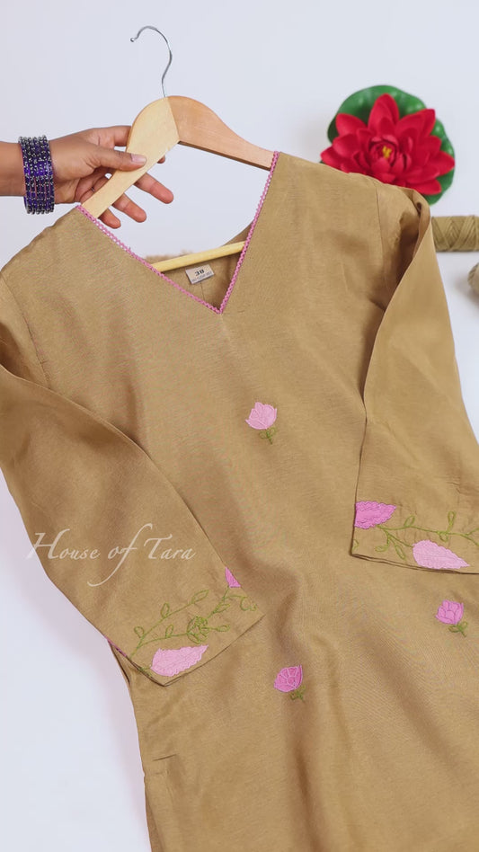 Olive Silk Kurta with Pink Accents