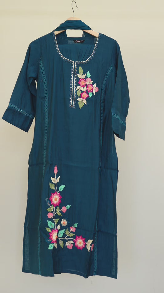 Navy Blue Floral Embroidered Kurti Set