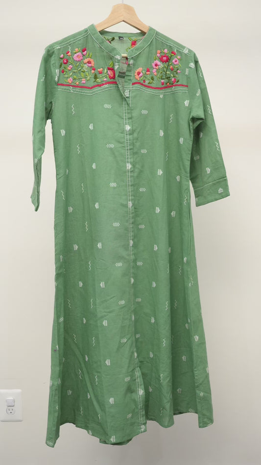 Elegant Green frock with Red and Pink Machine Embroidery