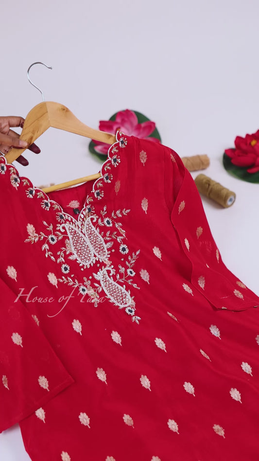 Regal Red Heavy Embroidered Kurti Set
