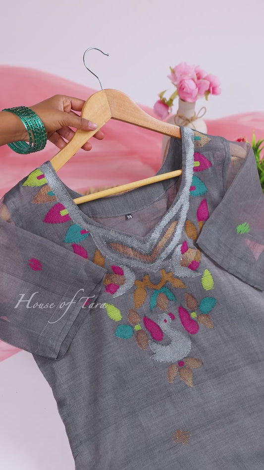 Handloom Grey Jamdani Woven Kurti Set