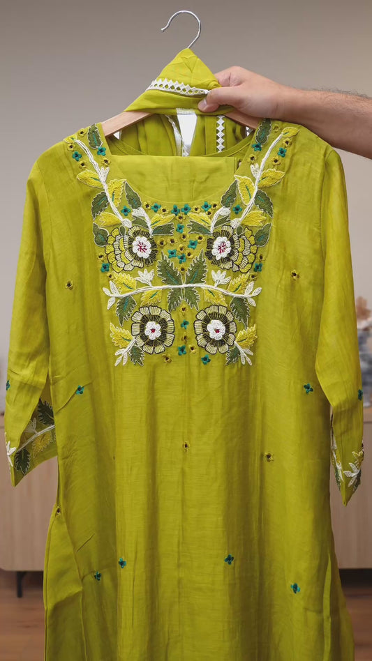 Serene Light Green Kurti Set with Pearl-Embellished thread and beads Embroidery