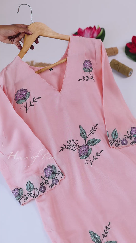 Blush Pink Minimal Embroidered Kurti Set