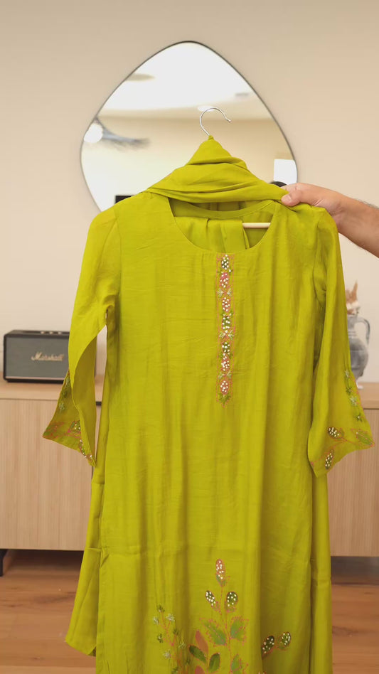 Green threadwork kurti set