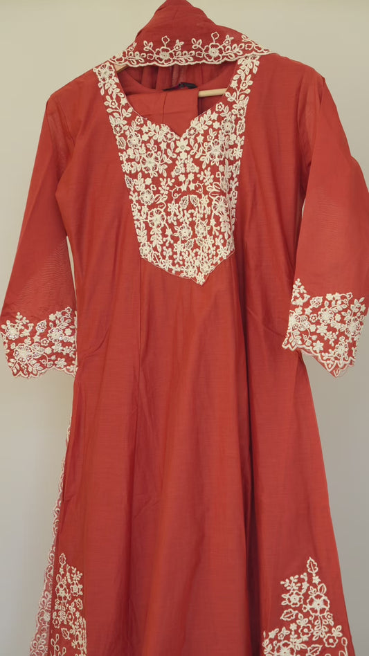 Rust Orange Embroidered Kurti Set