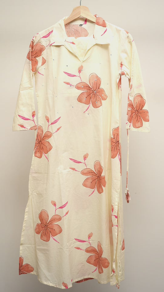Elegant Beige Floral Kurti with Subtle Embroidery