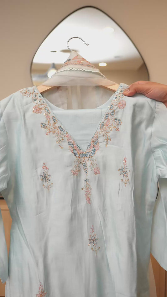 Pastel Aqua Blue Katha Kurti Set – Elegant Handcrafted Charm