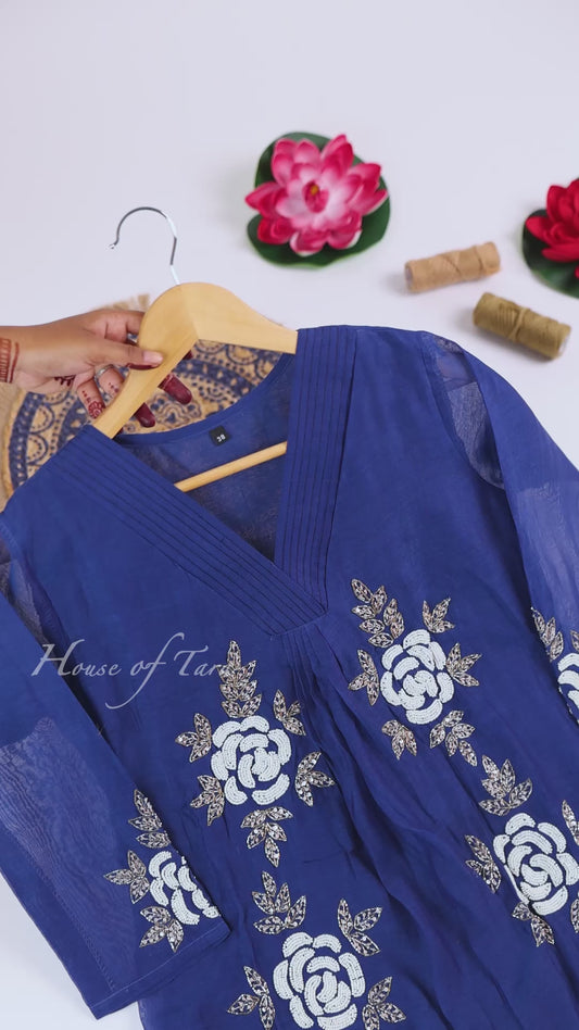 Royal Blue Pleated Neck Kurti Set
