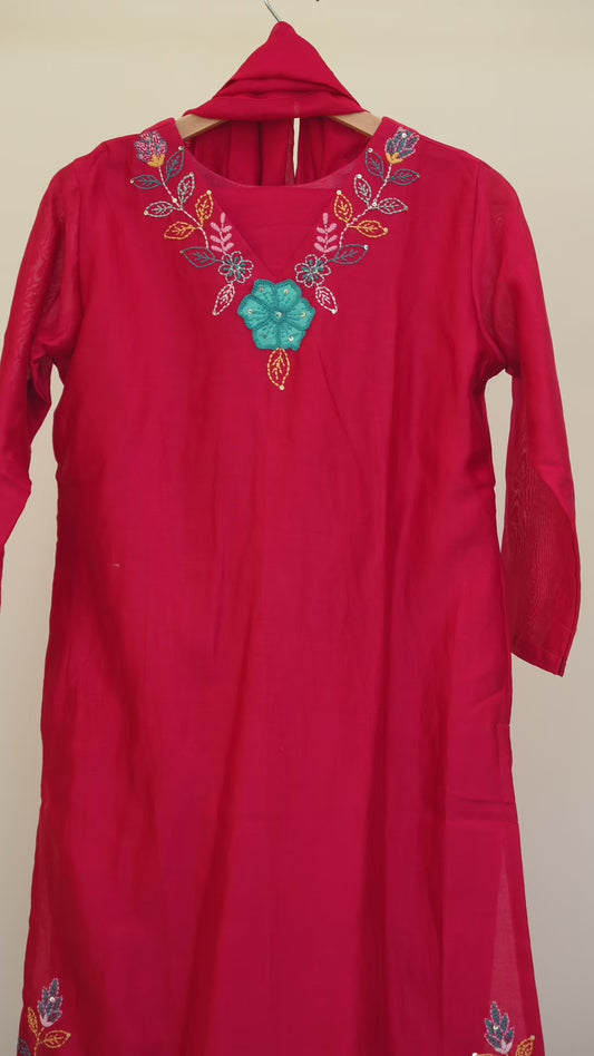 Red Embroidered Kurti Set
