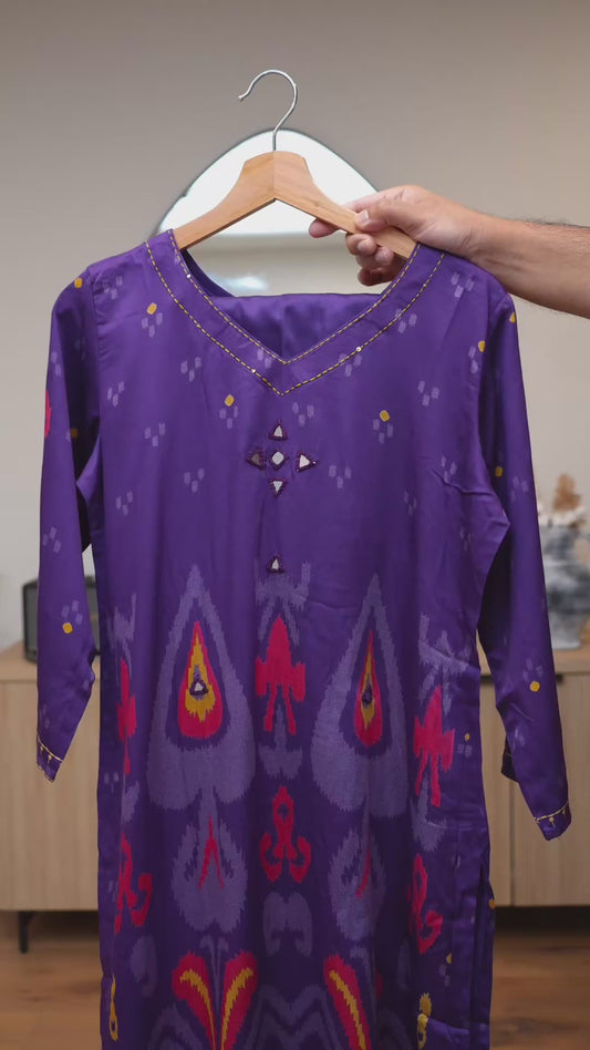 Deep Purple Kurti Set with Mirror and Thread Embroidery