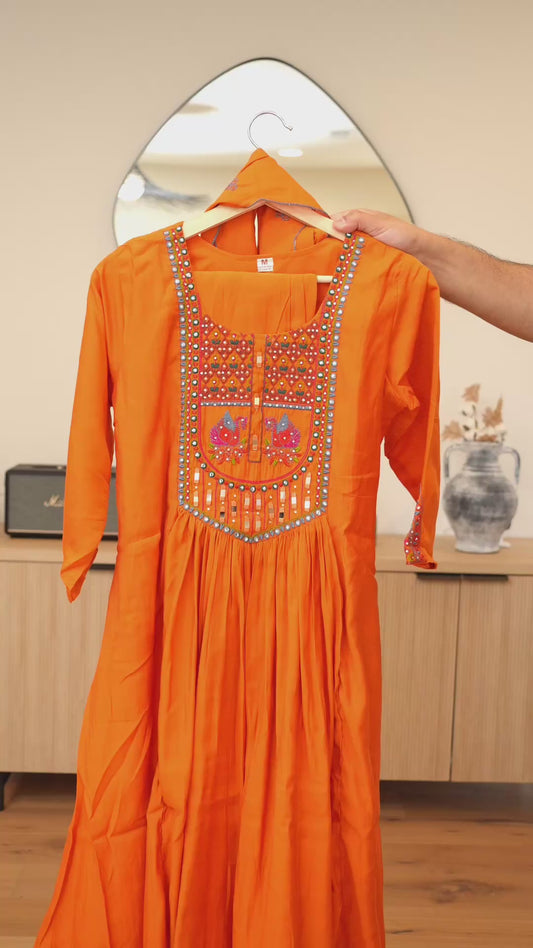 Orange Kurti with Colorful Mirror and Bird Embroidery