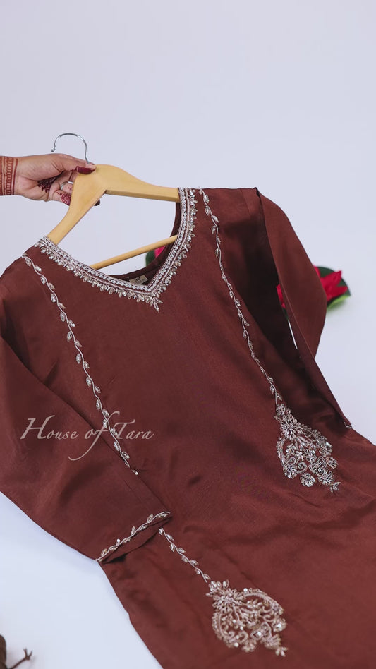 Chocolate Brown Elegant Embroidered Kurti Set