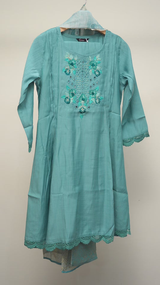 Teal Blue Geometric Floral Embroidered Dress