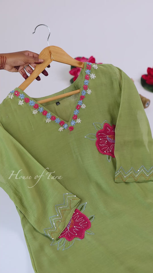 Olive Green Floral Embroidered Kurti Set
