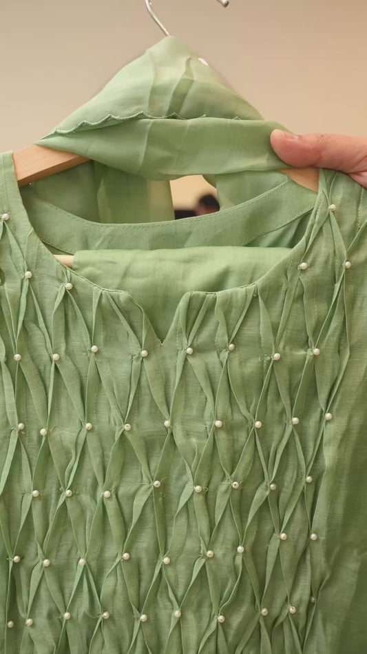 Light Seagreen Kurti Set with Hand-Smocked Yoke & Pearl Detailing