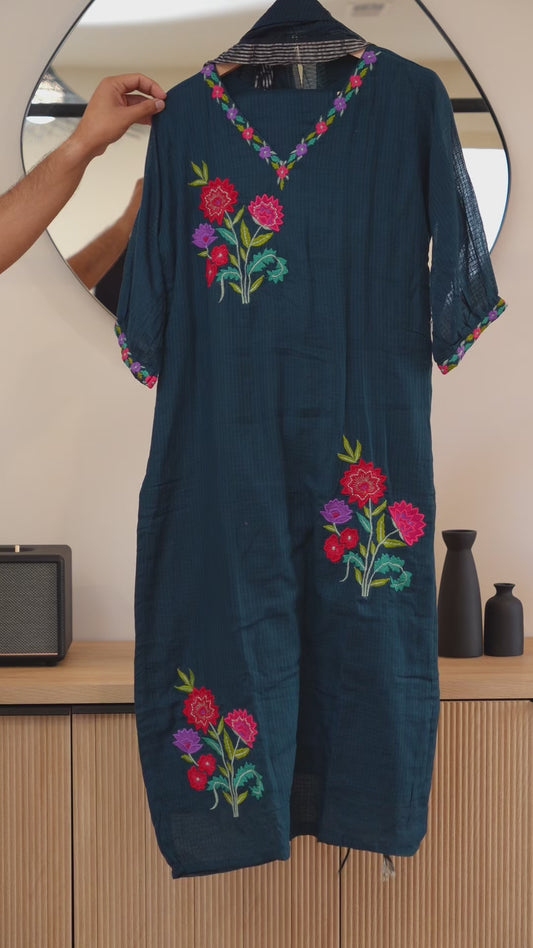 Teal Blue Kurti with Multicolor Floral Embroidery