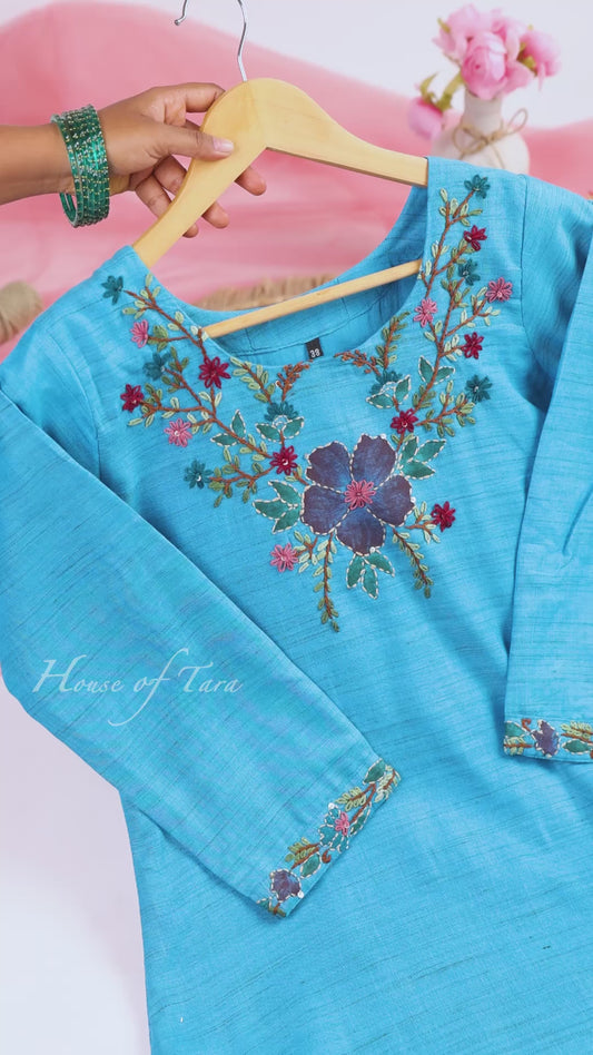 Turquoise Baswada Handprint Kurta Set
