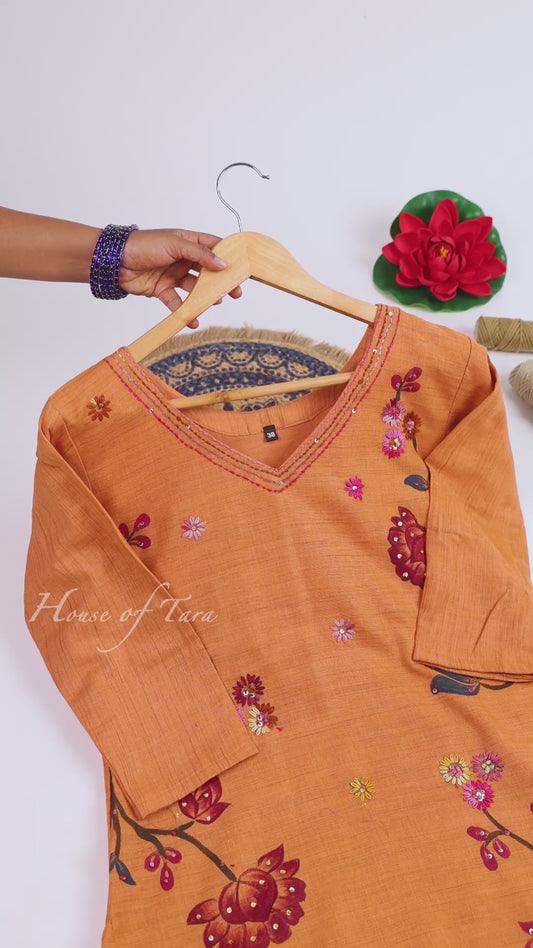 Rust Embroidered V-Neck Kurta Set