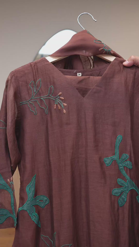 Preorder Only Elegant Brown Kurti Set with Applique Embroidery