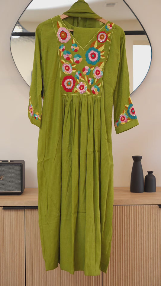 Olive Green Kurti with Multicolor Floral Embroidery