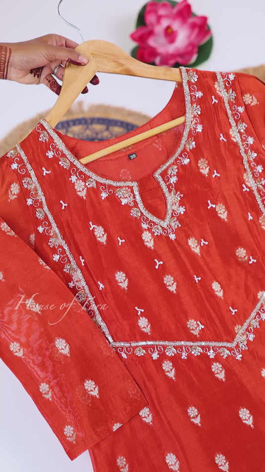 Burnt Orange Zari Embroidered Kurti Set