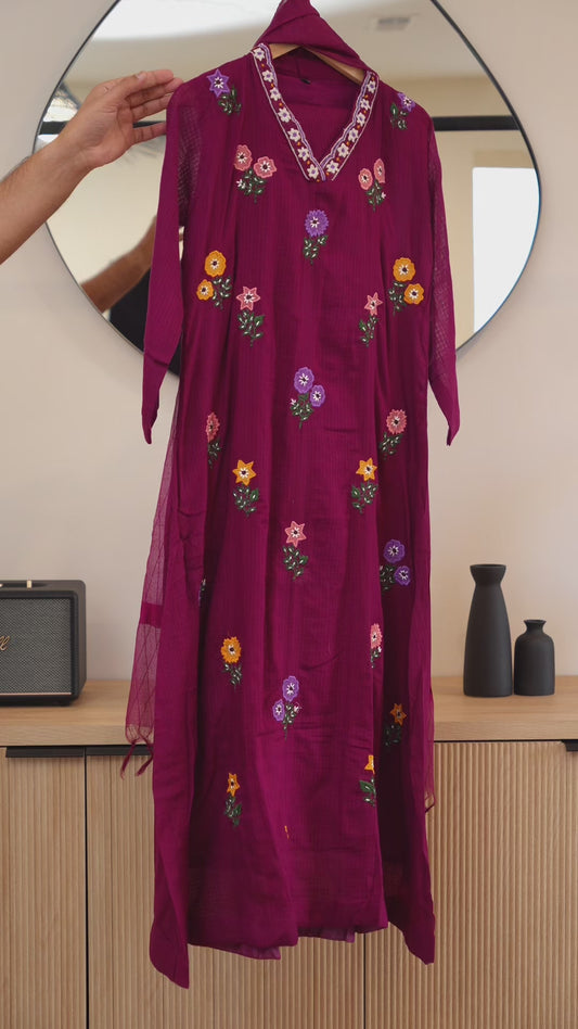 Wine Kurti with Multi-Color Floral Embroidery