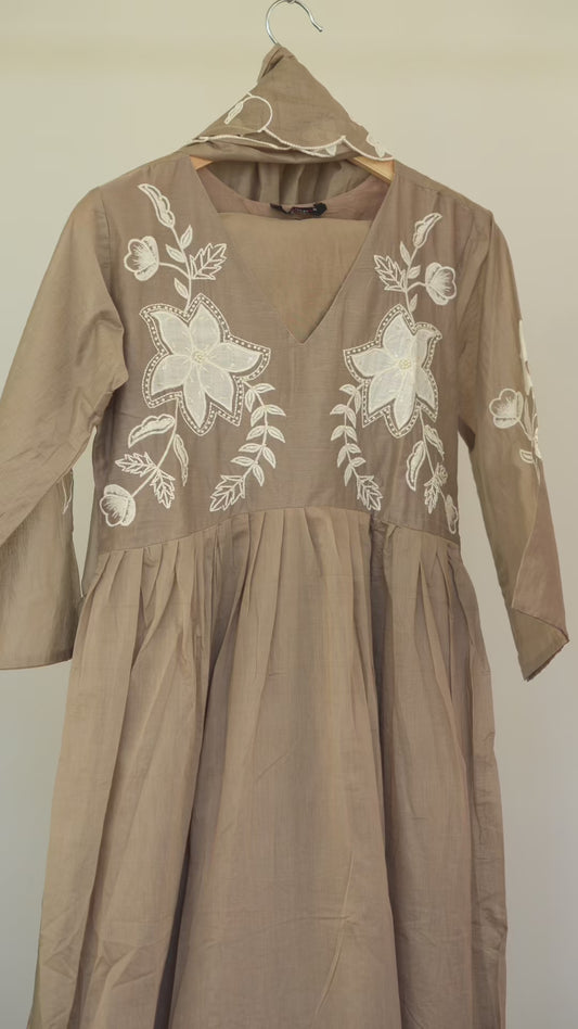 Taupe Brown Embroidered Kurti Set